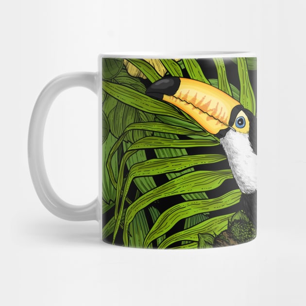 Toucans amd tropical flora, green, yellow, red and orange by katerinamk